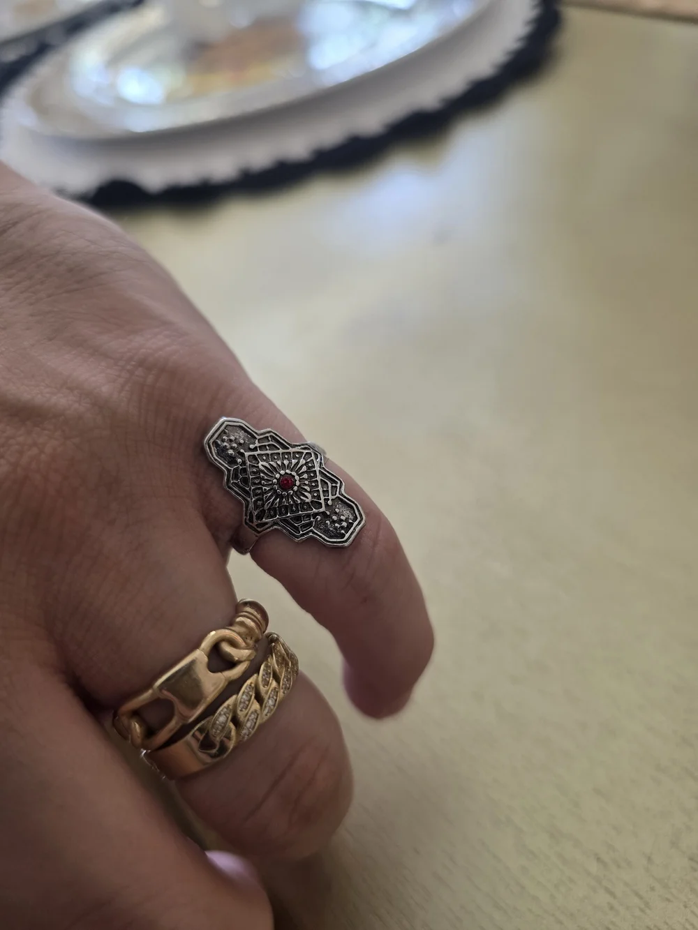 Silver-Color Filigree Ring with Red Accent Stone